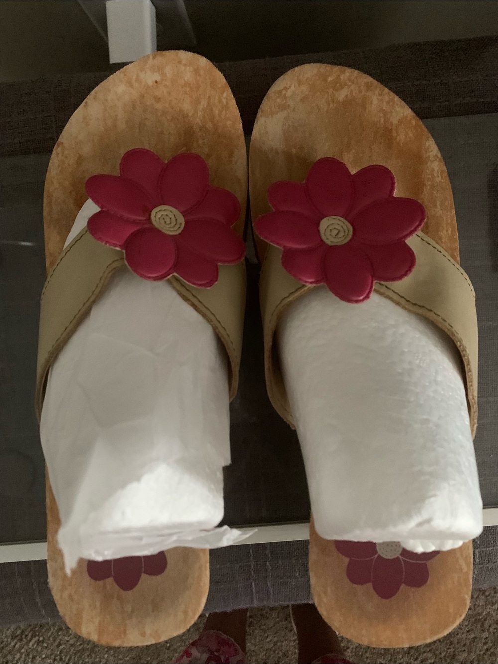 Beige Slide Sandals with Fuchsia Flower Accent